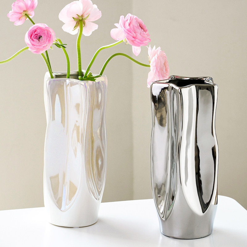 轻奢水培花瓶摆件陶瓷银色不规则艺术花器家居软装插花客厅高级感,淘宝优惠券,粉丝福利购,淘宝优惠卷