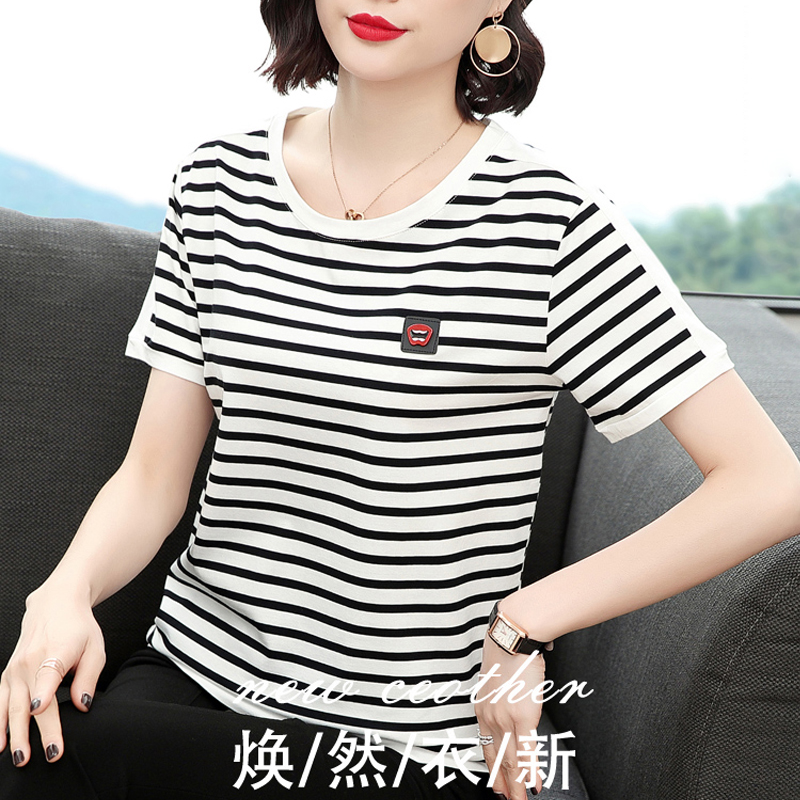 纯棉短袖宽松中年夏装大码条纹t恤 莎纤丽T恤