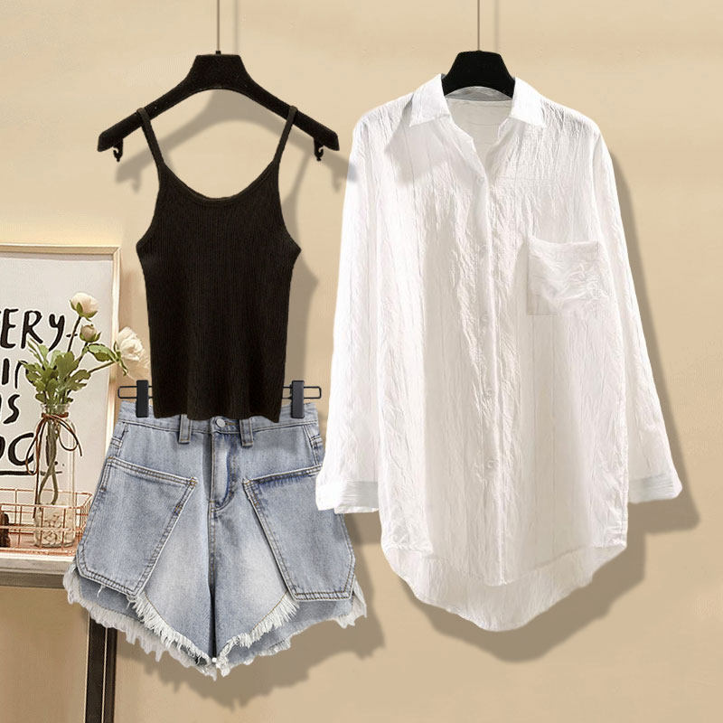 洋气减龄夏季防晒条纹吊带牛仔衬衫 曼范玫时尚套装