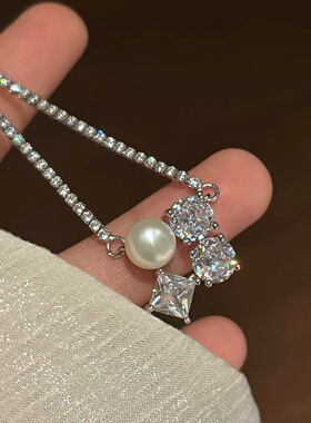 明星同款月光宝盒8mm天然淡水珍珠配闪耀锆石项链风格百搭不挑人