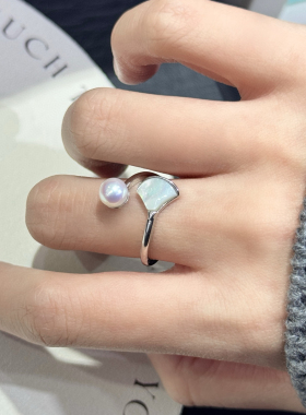 天然贝壳银杏叶戒指 宛如微风轻吻晨露精致诗意6-7mm天然淡水珍珠
