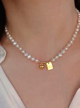 超越珠宝 爱心牌牌项链锁骨链 天然淡水珍珠 优雅女神精品夏日