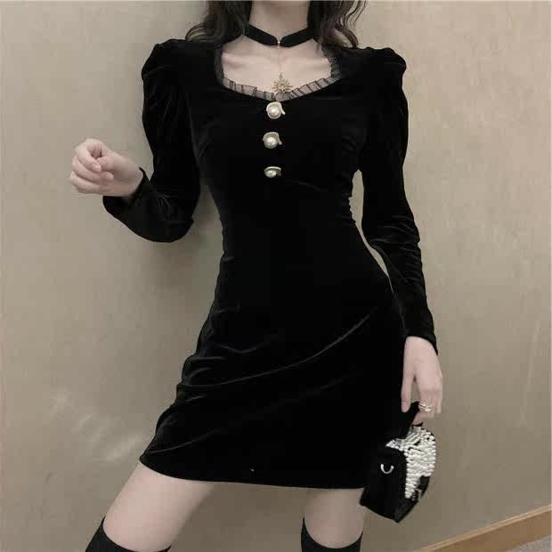 很仙复古优雅黑天鹅少女年会连衣裙 述氧连衣裙