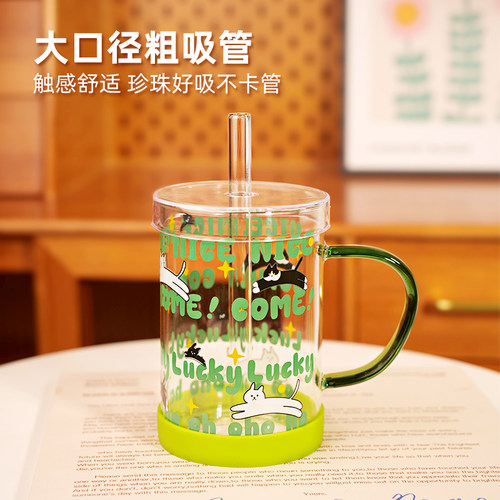 高颜值女玻璃杯耐高温泡茶杯大容量带把手水杯冷饮杯奶茶吸管杯子 - 图3