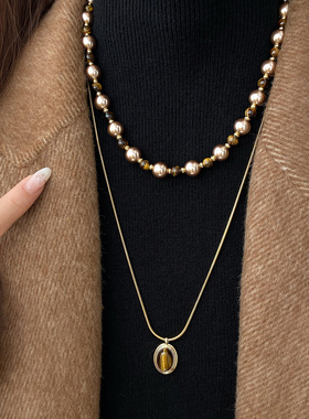 新款虎眼石双层项链毛衣链