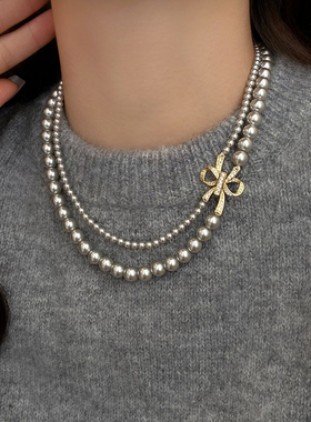 多层双层珍珠项链叠戴2025新款爆款高端秋冬毛衣链女配旗袍配裙子