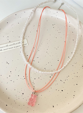 紫色珍珠双层可爱小熊项链2025年新款潮小众设计感高级叠戴锁骨链