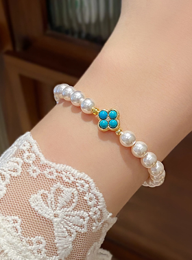 新款蓝色四叶草珍珠手链气质