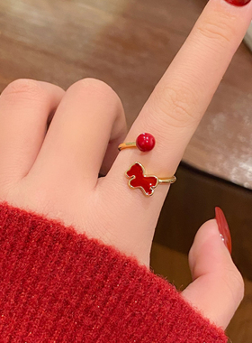 马年红色小马珍珠戒指开口戒指女