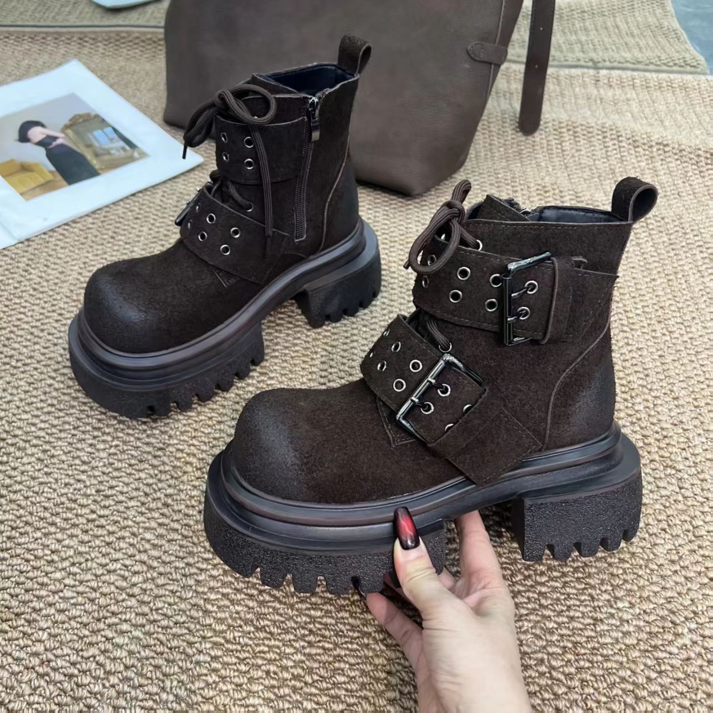 2025秋冬新款复古擦色做旧短筒马丁靴女松糕厚底系带时尚西部靴子,淘宝优惠券,粉丝福利购,淘宝优惠卷