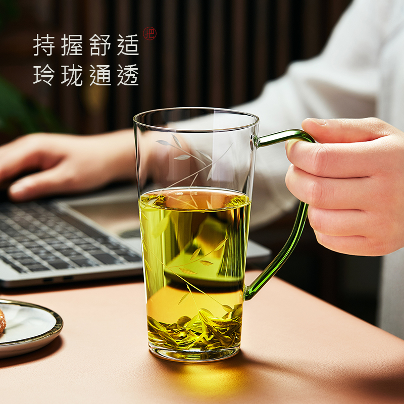 高档水杯玻璃家用专用绿茶杯猴魁专用泡茶高硼硅耐高温带把喝茶杯