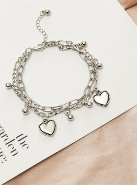 欧美简约时尚双层爱心手链ins多层爱心吊坠手链叠戴心形手链