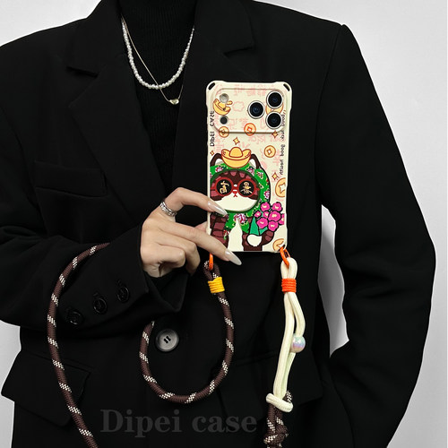 新年有财猫~17promax四角开孔手机壳带链条适用苹果iPhone16plus华为mate70pro斜挎60侧背Pura80手提14小米15 - 图2