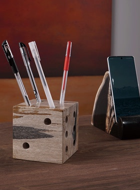 个性创意木化石笔筒轻奢复古多变工艺品中式书房办公桌面摆件礼品