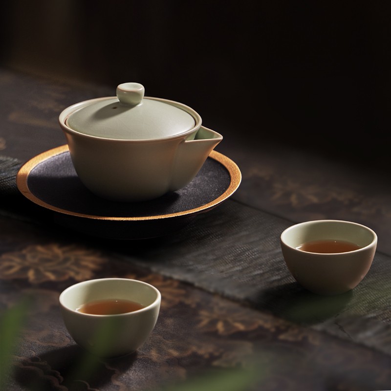 东道汝窑茶杯茶具套装家用客厅高档陶瓷杯 吉祥侧杯茶组 粉青 - 图1