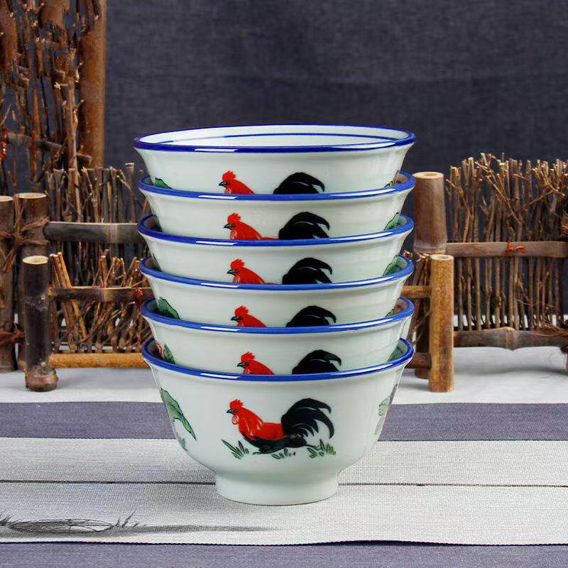 陶瓷青花釉下彩手绘葵斗复古鸡公碗青瓷厚实防烫公鸡碗