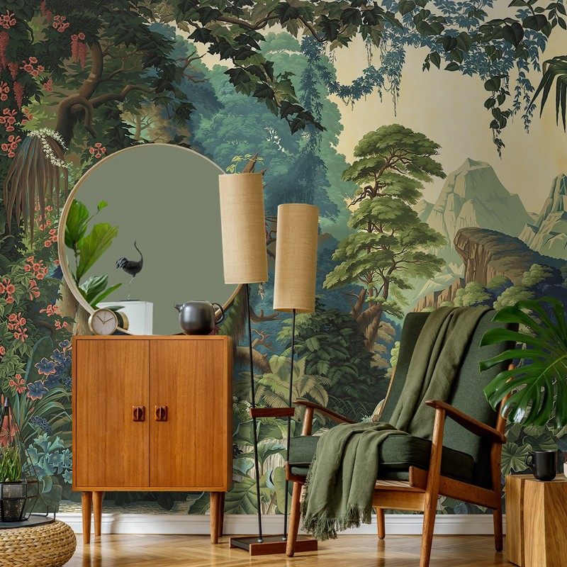 北欧手绘热带雨林风景壁纸客厅沙发电视背景墙纸丛林酒店壁画墙布,淘宝优惠券,粉丝福利购,淘宝优惠卷