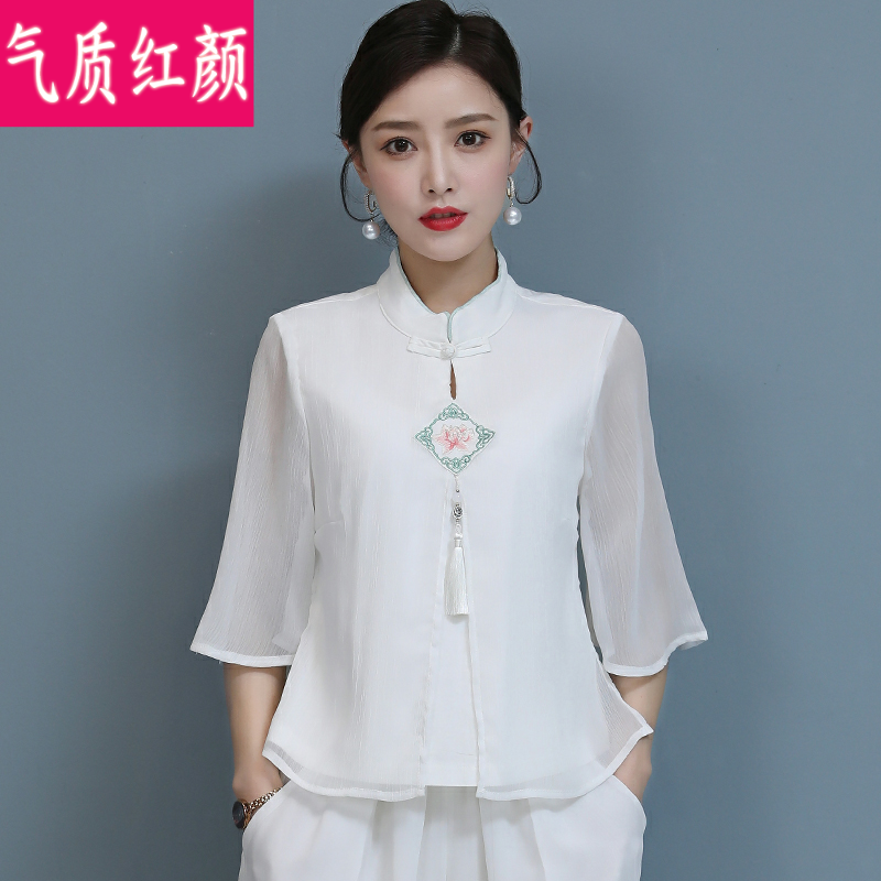 女夏装中国风茶艺师禅意茶服女汉服 气质红颜上衣