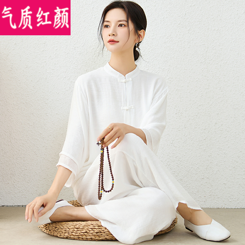 中式唐装中国风复古棉麻禅意茶服禅修服打坐居士服瑜伽服两件套女-图2