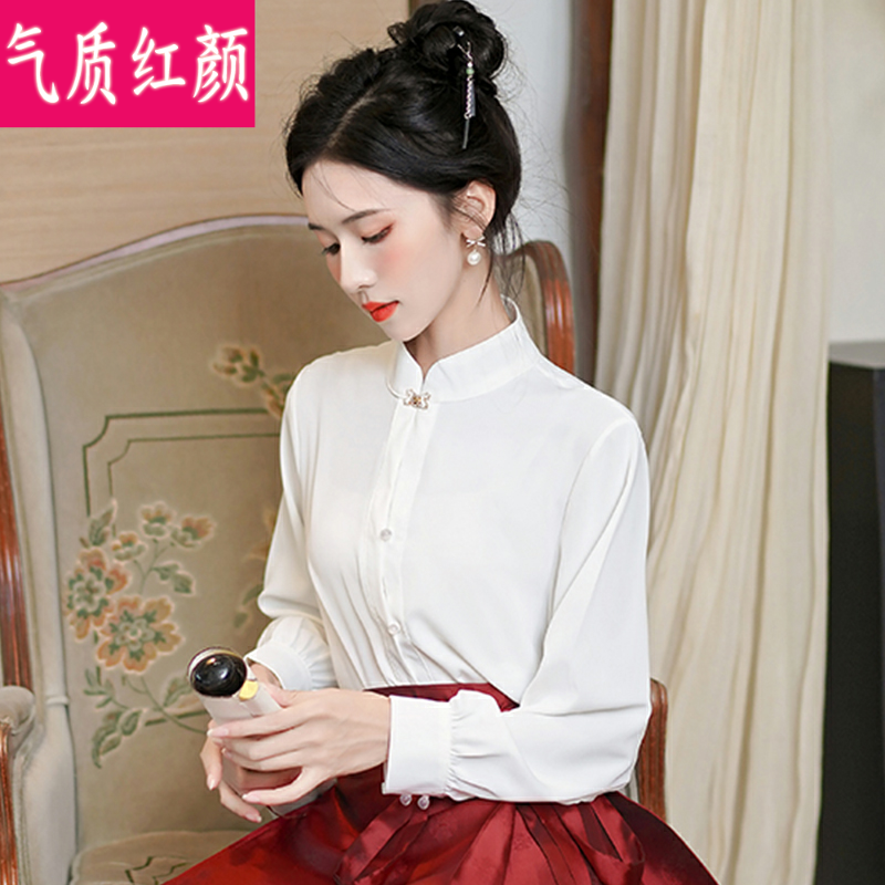 新中式国风冬季加绒加厚衬衫女搭配马面裙的上衣改良汉服长袖套装