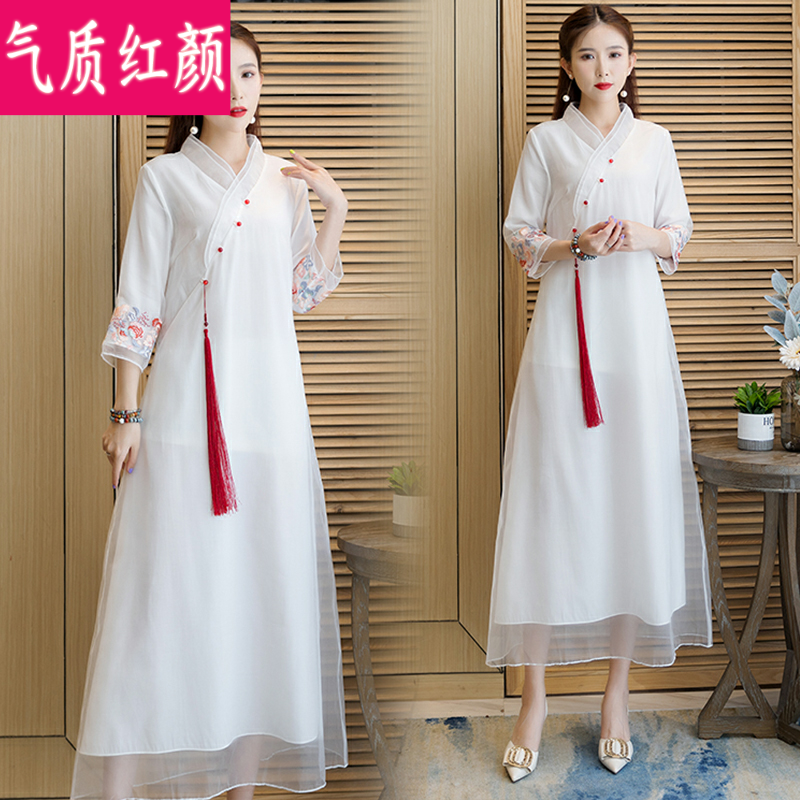古风禅意茶艺服装改良唐装女连衣裙 气质红颜连衣裙