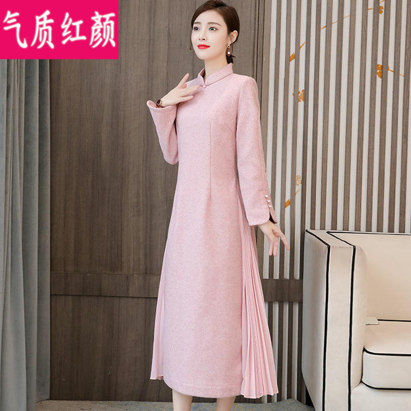 中国风汉服改良毛呢旗袍秋冬连衣裙 气质红颜连衣裙