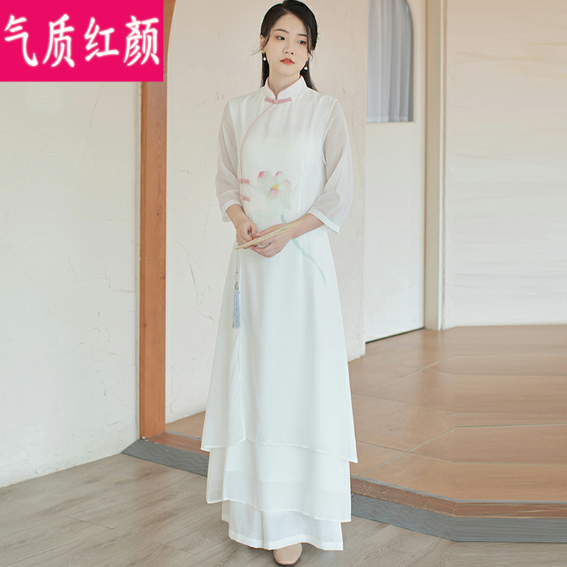 汉服女中国风改良旗袍禅意茶服禅服夏季白色古风仙气连衣裙两件套-图3