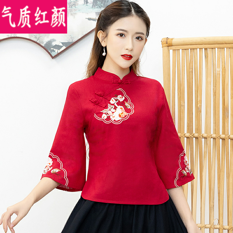 中国风汉服女春夏装棉麻绣花旗袍 气质红颜上衣