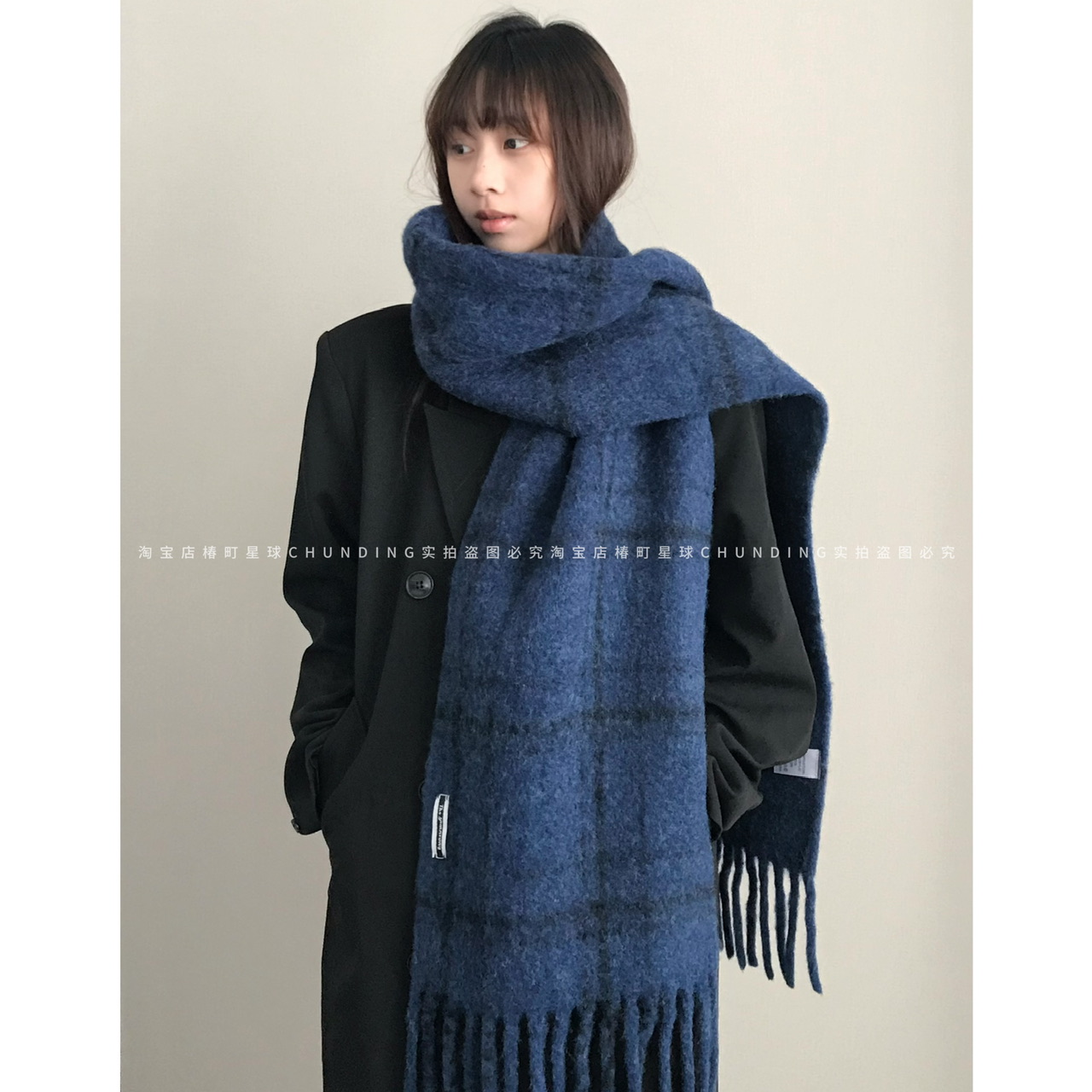 【深海】高级感小众格纹含羊毛流苏围巾深蓝色加厚披肩保暖围脖冬 - 图0