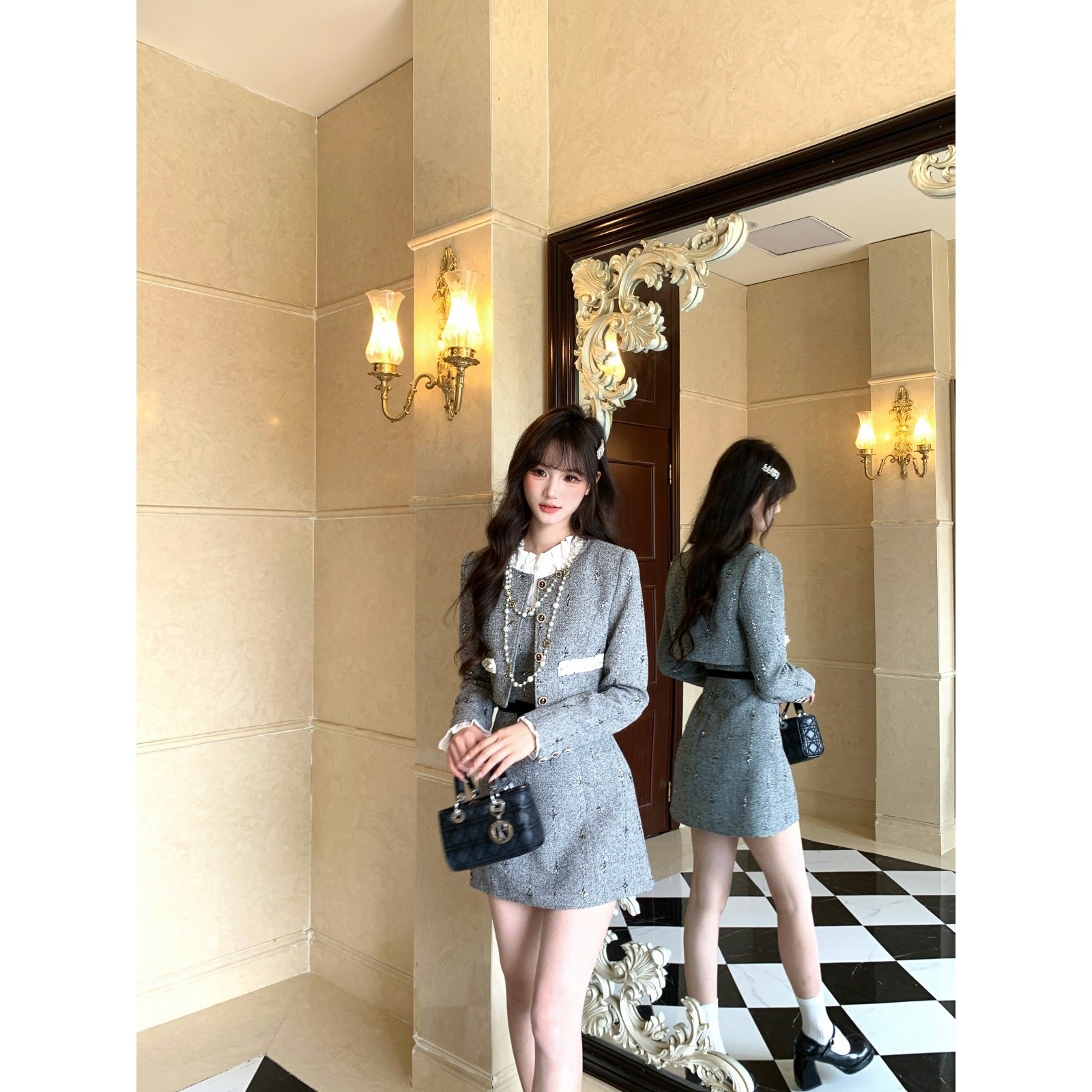 越韩小鱼 赫尔小姐 重工富家千金小香风连衣裙名媛风外套两件套装,淘宝优惠券,粉丝福利购,淘宝优惠卷