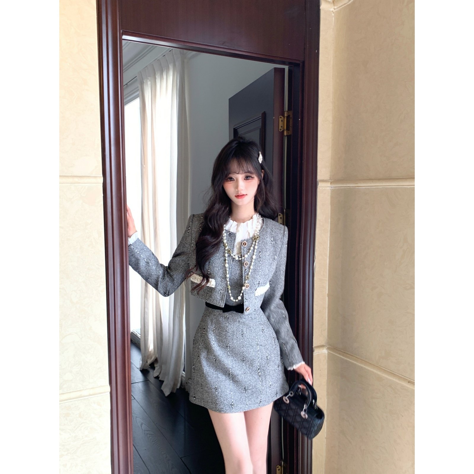 越韩小鱼 赫尔小姐 重工富家千金小香风连衣裙名媛风外套两件套装,淘宝优惠券,粉丝福利购,淘宝优惠卷