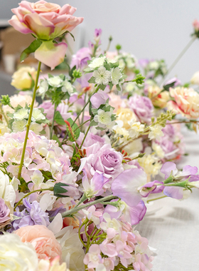 酒店装饰长条桌花花艺 欧式田园风格仿真假花婚庆装饰餐桌花艺