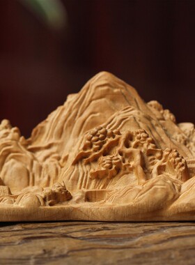 黄杨木雕刻千里江山摆件笔搁笔架山水画文房四宝家居饰品笔托镇纸