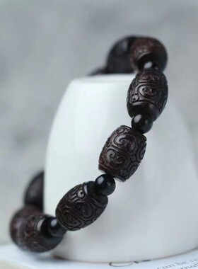 黑檀木佛珠手链念珠雕刻祥云鼓珠单圈男女回纹珠手串文玩佛珠手饰