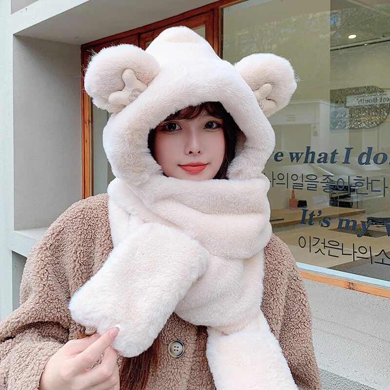 2025款韩版小熊防风护脸防冻防寒一体帽时尚潮流巨好看围脖手套女