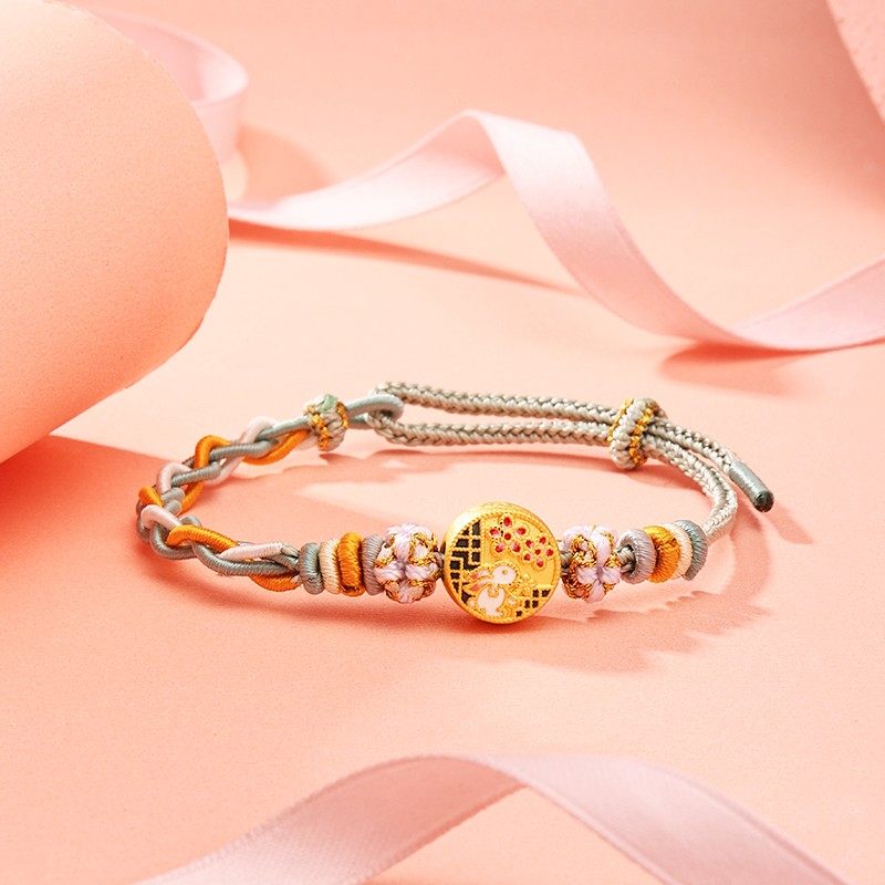 亚一足金珐琅小兔子黄金手绳编绳3D硬金生肖兔可爱国潮古风送礼,淘宝优惠券,粉丝福利购,淘宝优惠卷