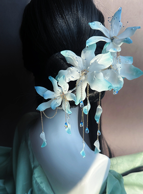 遗簪记|昭雪 原创手作古风汉服发饰蓝色荷花簪春夏流苏盘发簪子