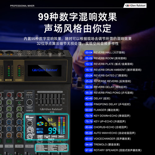 GLSD格伦士顿专业调音台8路12路99种混响蓝牙演出婚庆家用音控台 - 图3