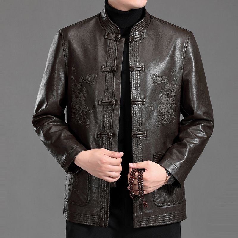 【】唐装皮衣男士PU刺绣爸爸中国风外套加绒加厚棉服民族风,淘宝优惠券,粉丝福利购,淘宝优惠卷