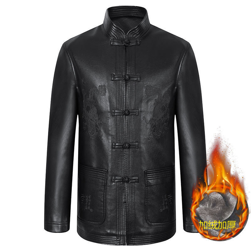 【】唐装皮衣男士PU刺绣爸爸中国风外套加绒加厚棉服民族风,淘宝优惠券,粉丝福利购,淘宝优惠卷