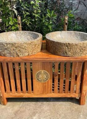 老石槽洗手盆天然石头石磨水槽实木支架洗手池户外庭院石雕拖把池