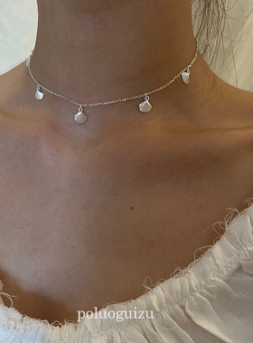 poluoguizu原创小众设计s925银小贝壳choker锁骨链项链女叠戴