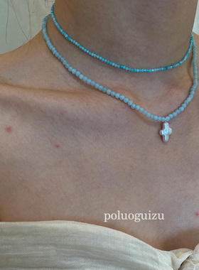 poluoguizu原创设计温柔的蓝天然天河石巴洛克珍珠串珠项链锁骨链