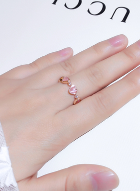 日系猫眼石爱心戒指小众轻奢