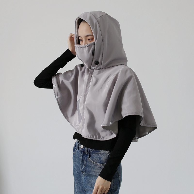 骑电动车保暖防雨水面罩连帽子一体披肩女冬天户外防寒防风短外套 - 图0