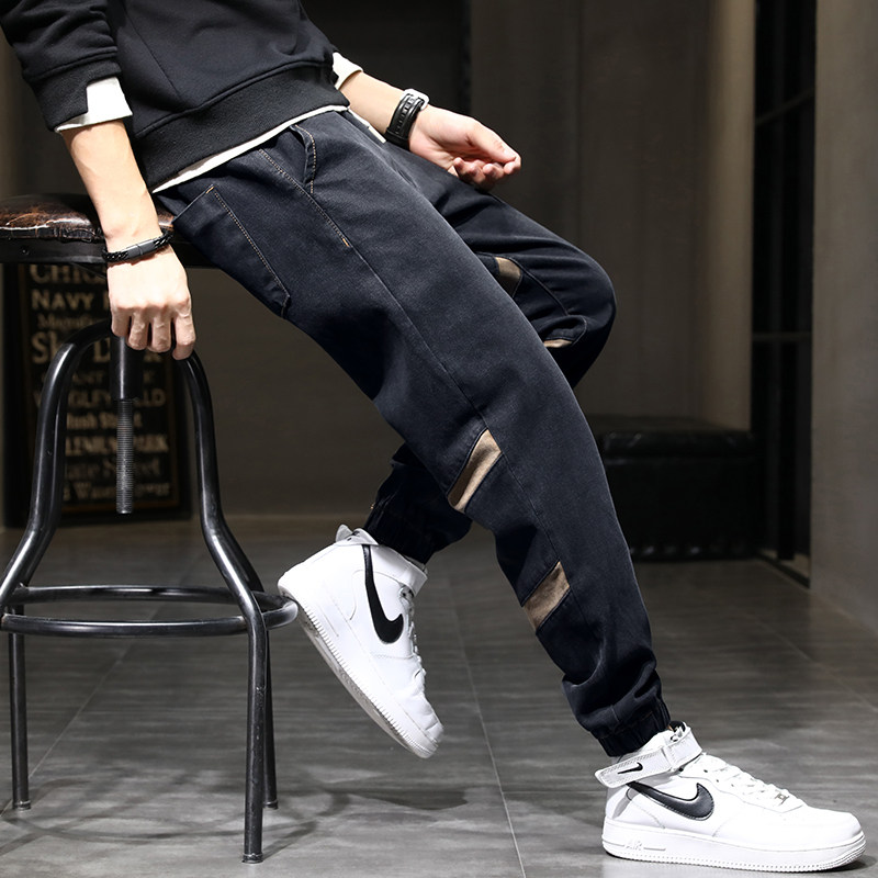 秋季男士潮牌松紧绳束脚拼接哈伦裤 图维奚牛仔裤