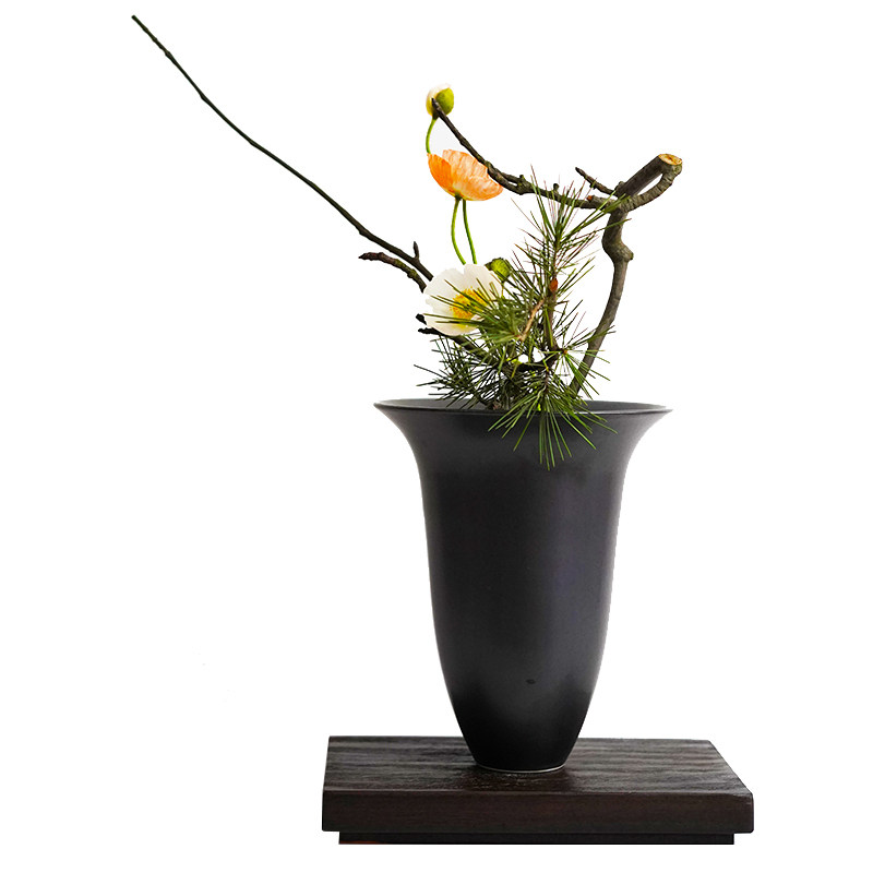 日式剑山插花池坊花道陶瓷花器雅典黑色日本花道生花立花手工器皿