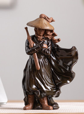 中式禅意江湖故人古风侠客剑客人物陶瓷摆饰大假山鱼缸造景装饰品
