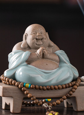 中式禅意陶瓷弥勒佛摆件家居办公室茶桌面博古架装饰笑佛香插摆设