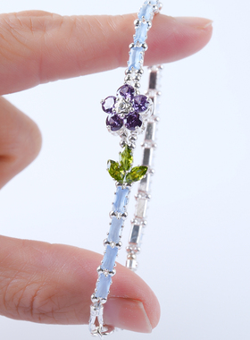 阅微雅记海蓝宝色猫眼手链紫色小花设计师手串手链